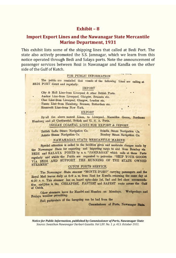 Exhibit - 8: Import Export Lines and the Nawanagar State Mercantile Marine Department, 1931  